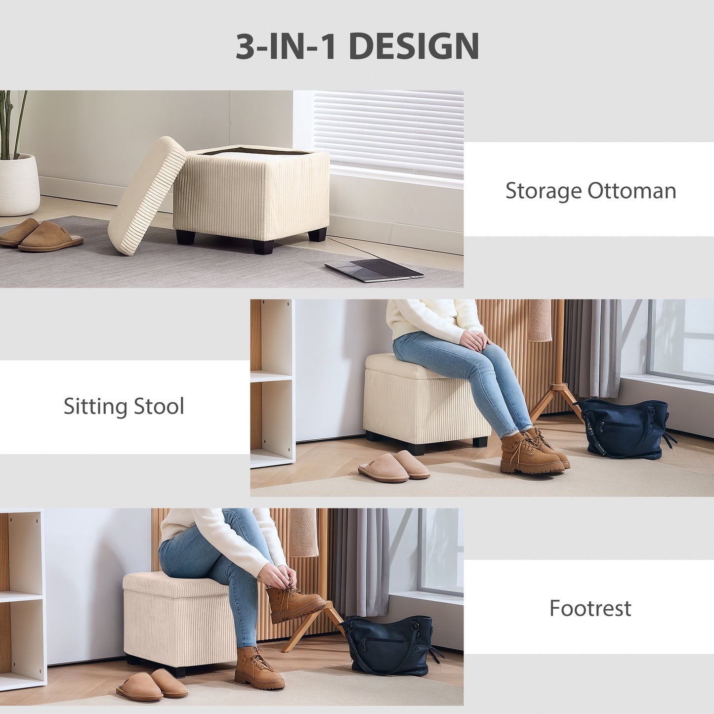 HOMCOM Storage Ottoman Bench, Corduroy Storage Chest Box with Wooden Legs, 40cm Bed End Bench for Living Room, Bedroom, Entryway, Beige