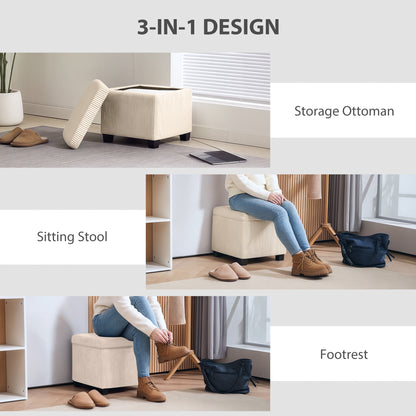 HOMCOM Storage Ottoman Bench, Corduroy Storage Chest Box with Wooden Legs, 40cm Bed End Bench for Living Room, Bedroom, Entryway, Beige
