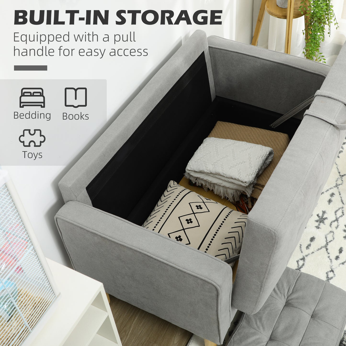 HOMCOM 2 Seater Storage Sofa, Fabric Couch with Hidden Under Seat Storage, Thick Cushions, Compact Space Saving Settee with Rubberwood Legs for Living Room, Apartment, Light Grey