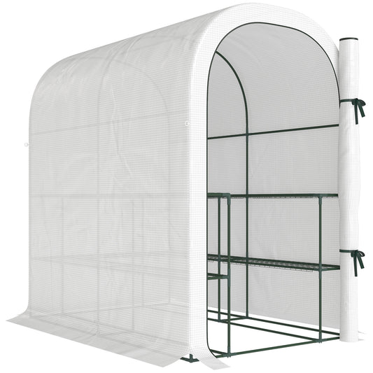 Outsunny Walk-in Greenhouse with Shelves, Small Greenhouse with PE Cover and Roll-up Door, 123 x 187 x 189 cm, White