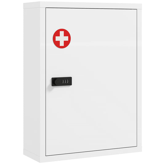 HOMCOM Wall Mount Medicine Cabinet, Bathroom Cabinet with Combination Lock, Door and Storage Shelves, White