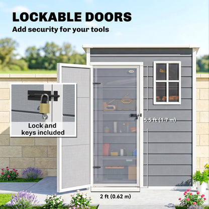 Outsunny 5' x 3' Plastic Garden Shed with Floor, Outdoor Storage Shed with Lockable Door, Window and Vent for Garden, Patio, Grey