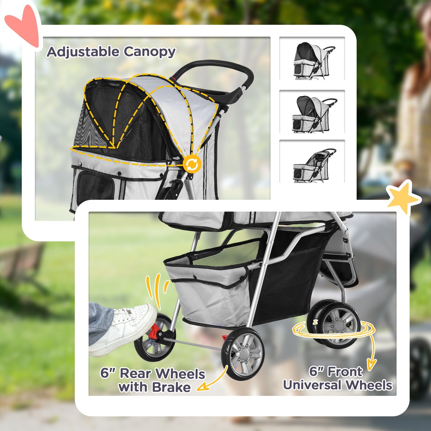 PawHut 3 Wheel Pet Stroller for Small and Miniature Dogs, Grey