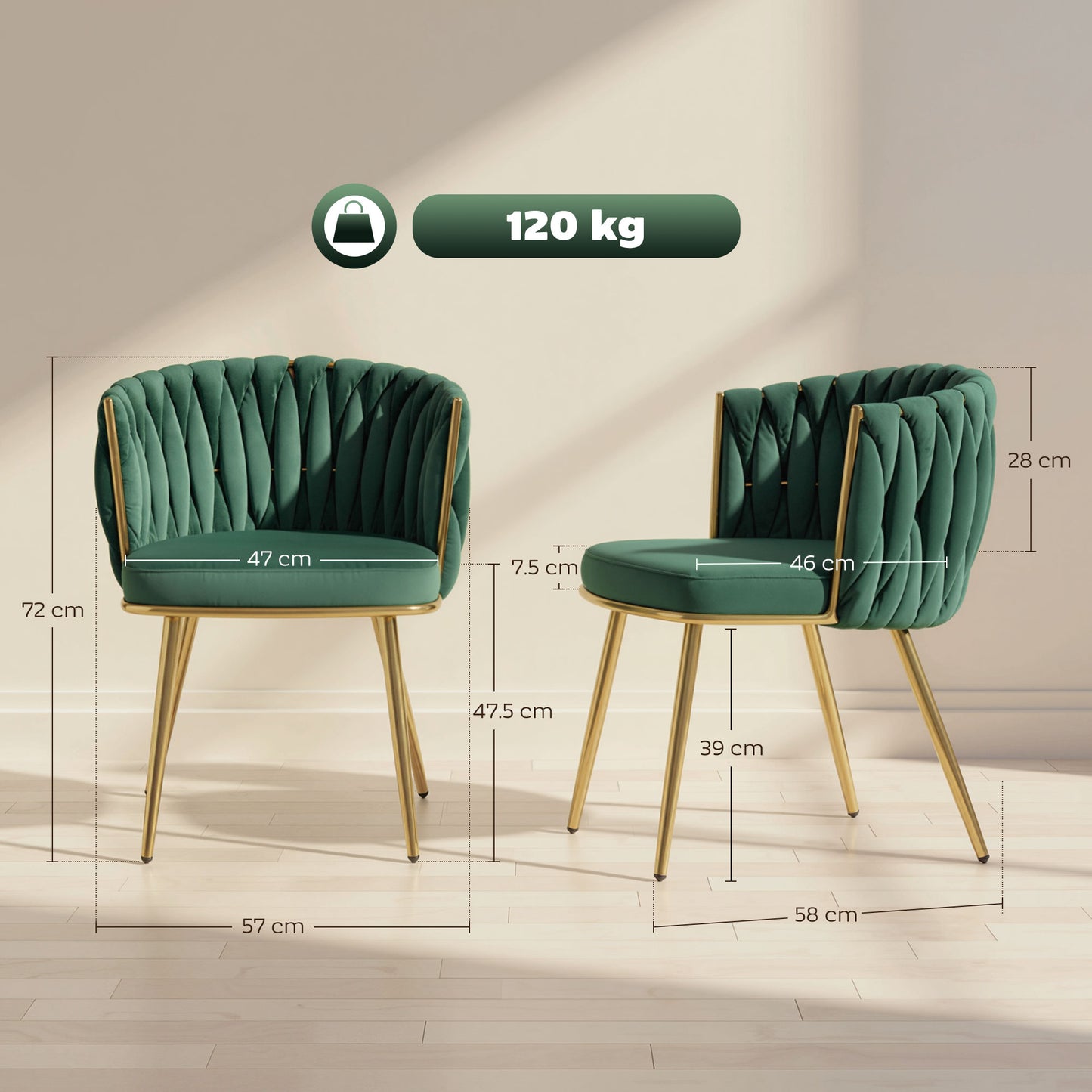 HOMCOM Velvet-Feel Dining Chairs Set of 2, Modern Upholstered Armchair with Knot Design and Golden Metal Legs, Accent Chair for Dining Room, Bedroom, Kitchen, Living Room, Dark Green