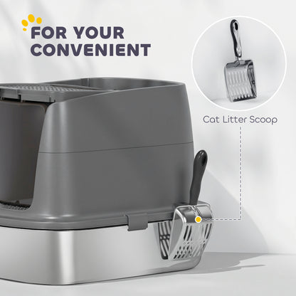 PawHut Large Stainless Steel Litter Box, Enclosed Metal Cat Litter Tray with Scoop, Deodoriser Bag, Front-Entry and Top-Exit