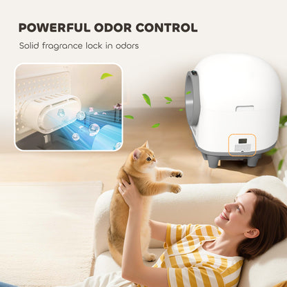 PawHut 80L Extra Large Self Cleaning Cat Litter Tray with APP Control, Safety Protection, Odor Removal, Rubbish Bag for Multiple Kittens