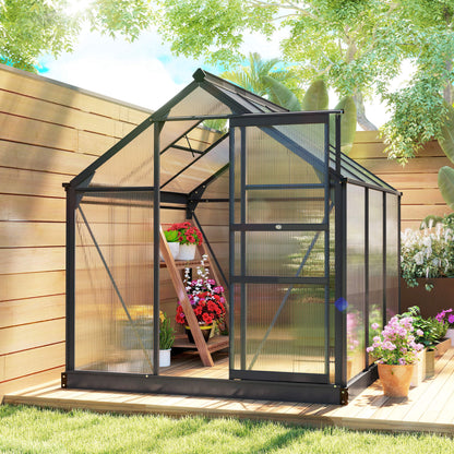 Outsunny 6 x 6ft Polycarbonate Greenhouse, Large Walk in Green House with Slide Door and Window, Garden Plants Grow House with Aluminium Frame and Foundation, Grey