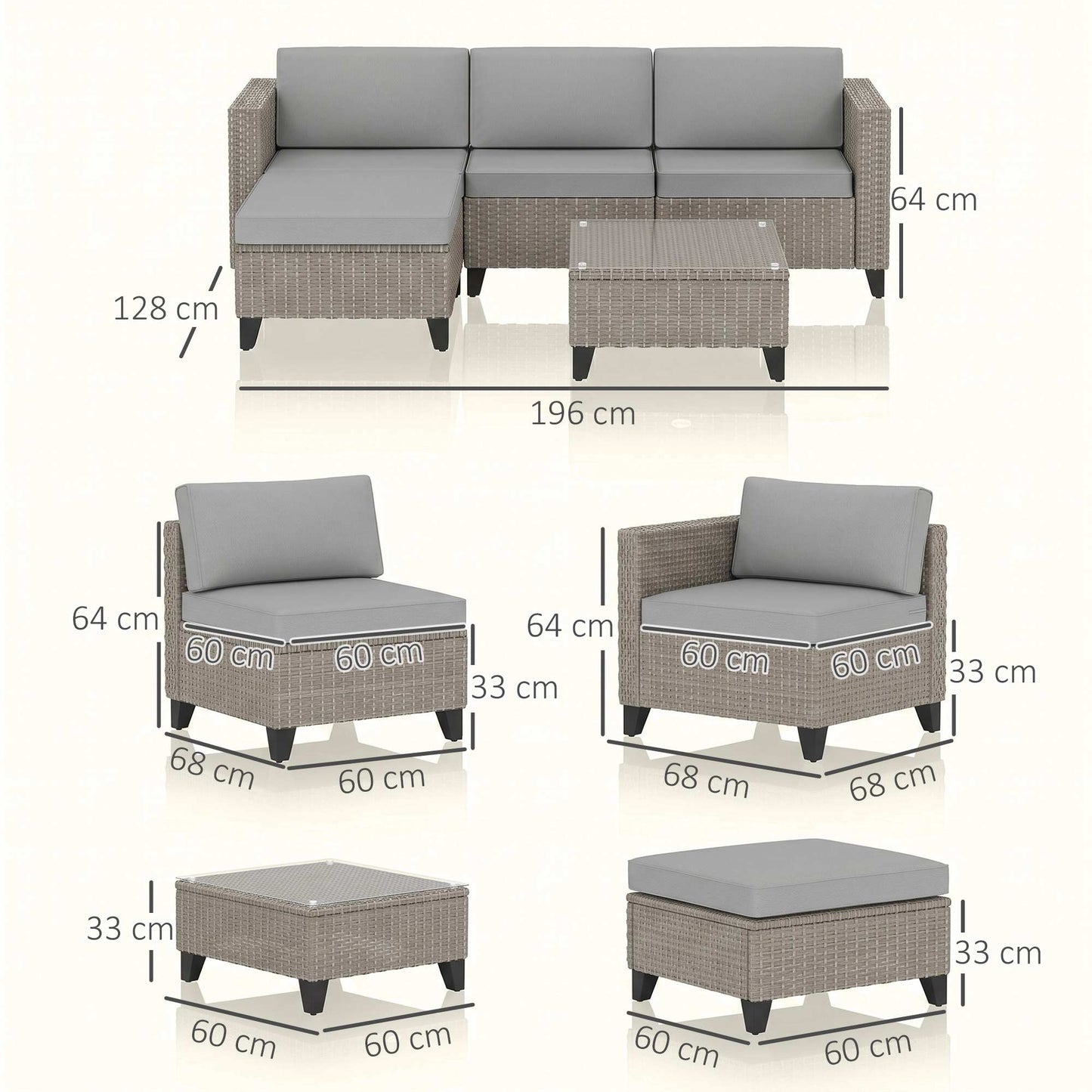 Outsunny 5-Piece Rattan Patio Furniture Set with Corner Sofa, Footstools, Coffee Table, for Poolside, Brown