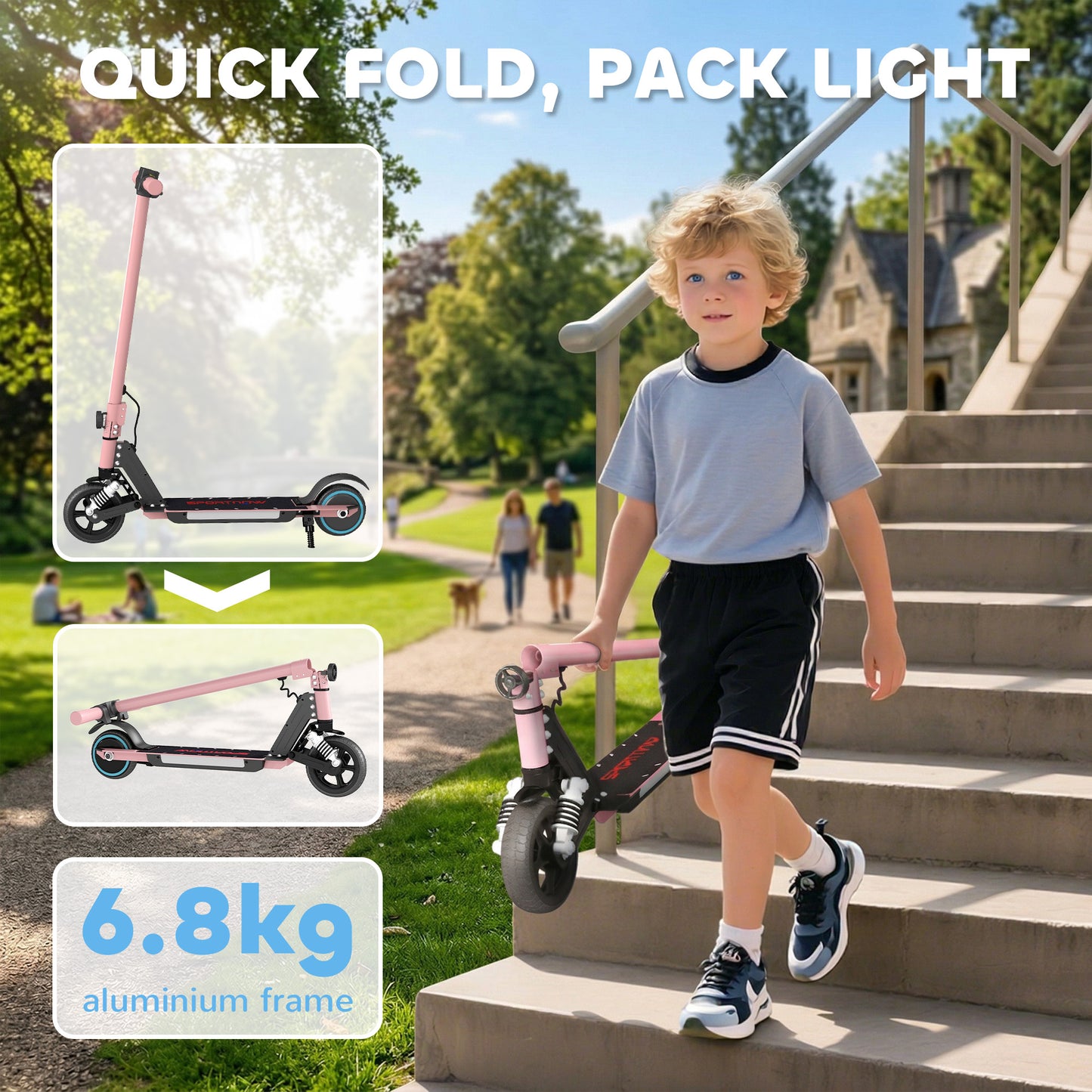 SPORTNOW Folding Electric Scooter for Kids, with Dual Brakes, Front Suspension, LED Colourful Lights, Pink