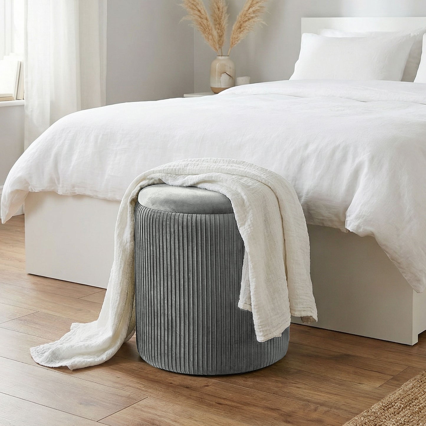HOMCOM Storage Ottoman Modern Velvet Round Foot Stool for Living Room Bedroom 45 cm Grey
