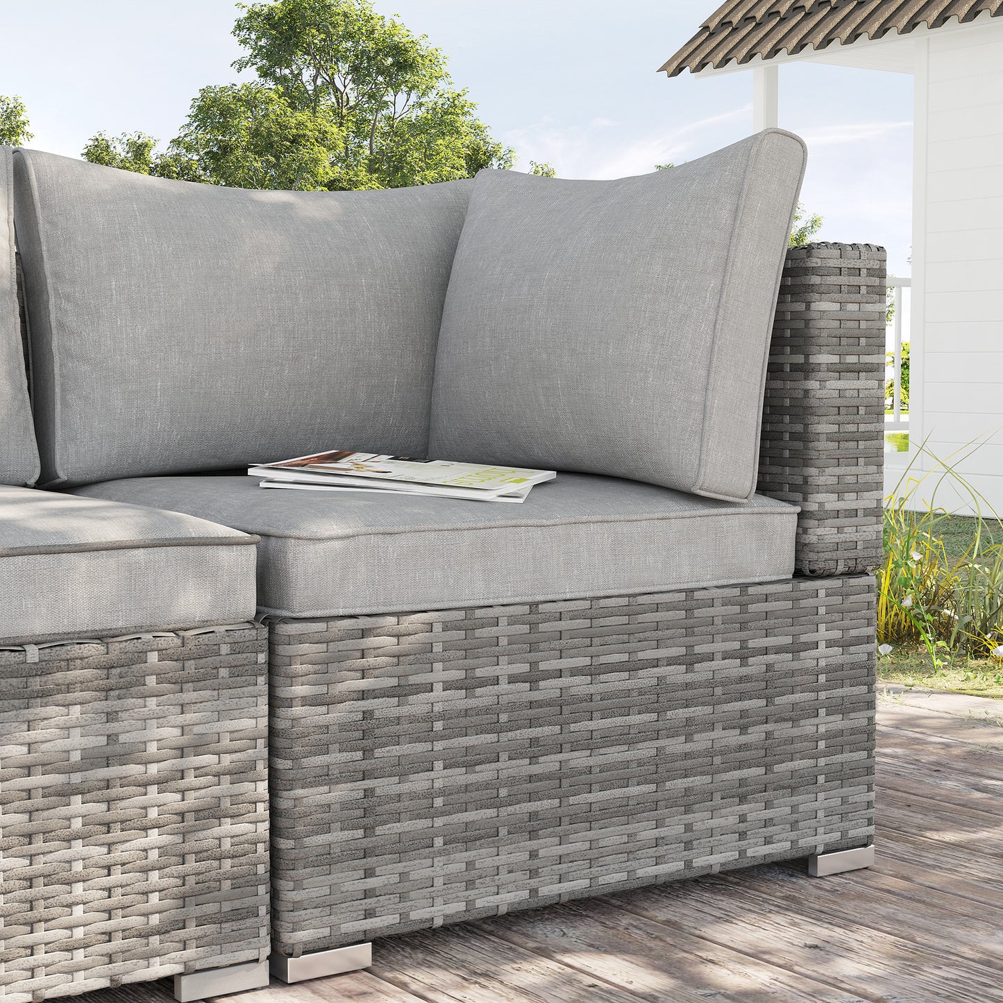 Outsunny Outdoor PE Rattan Corner Sofa, Garden Wicker Furniture Single Sofa Chair w/ Cushions, Light Grey--ChewyGames-ChewyGames