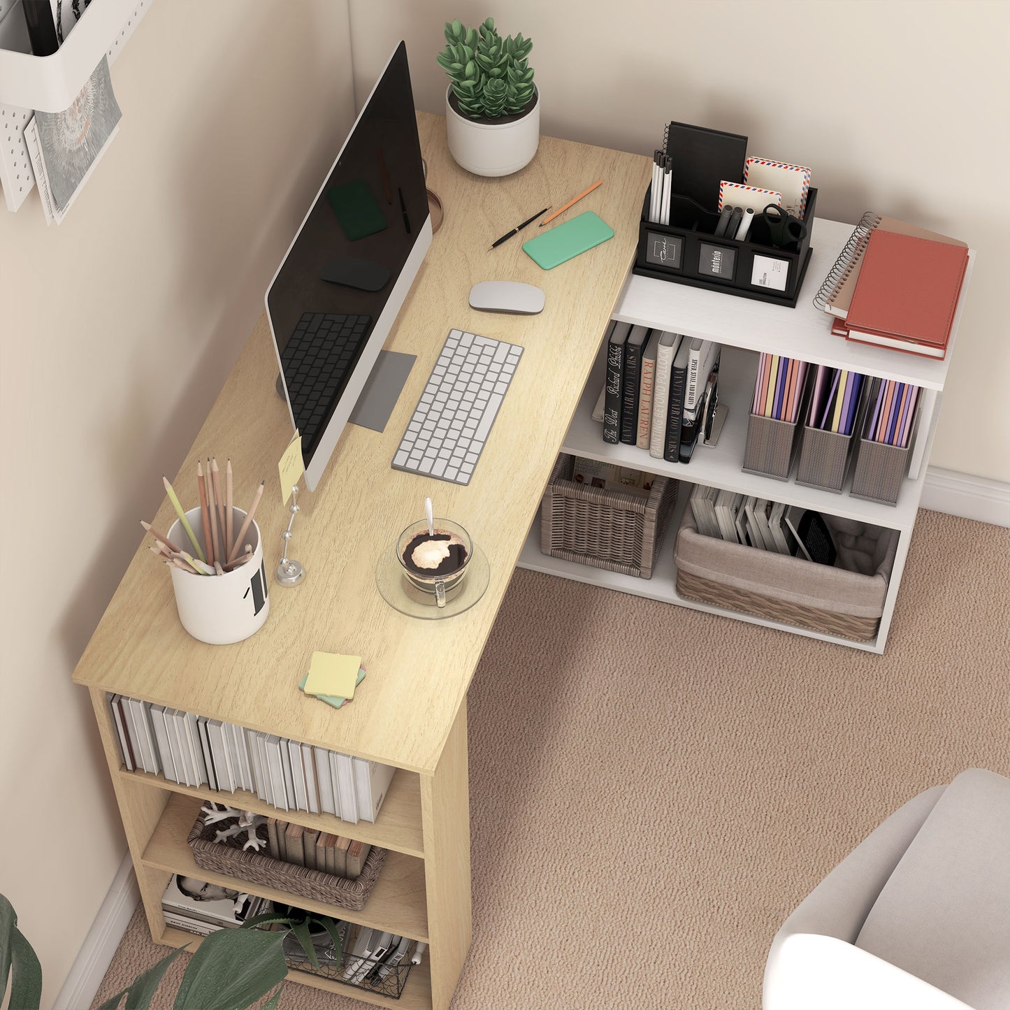 HOMCOM Corner Computer Desk, L Shaped Desk with 360° Rotating Bookshelf, 120L x 110W x 74.5H cm, Natural and White