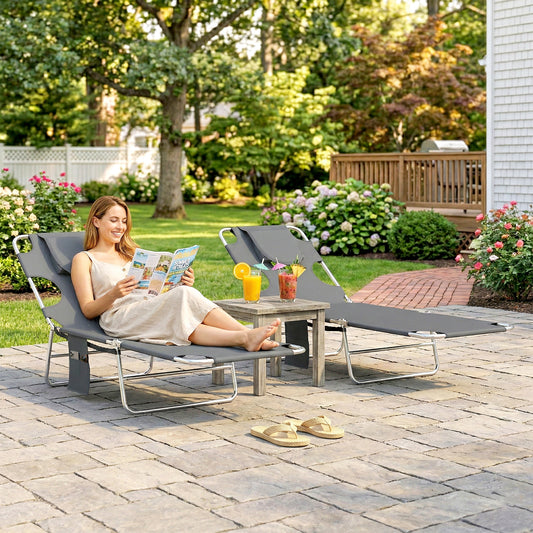 Outsunny 5-Position Adjustable Sun Loungers Set of 2 with Reading Hole and Side Pocket, Dark Grey