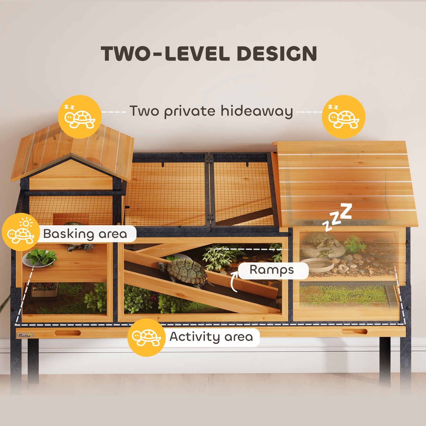 PawHut Wooden Tortoise House with Stand Legs, Clear Observation Windows, Ramps, Openable Top, Built-in Tray, Yellow