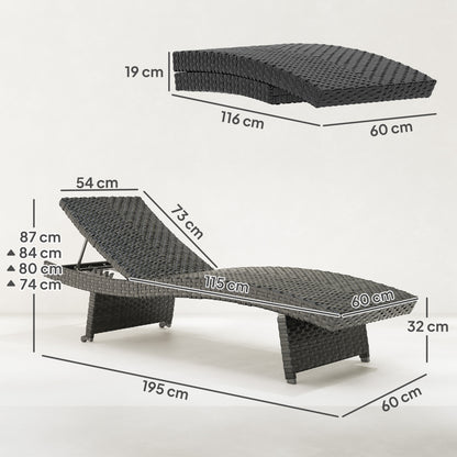 Outsunny Outdoor PE Rattan Sun Lounger, Folding Wicker Garden Lounger Recliner with 4-Level Adjustable Backrest, Rolling Sunbed Lounge Chair with Wheels, Non-Slip Legs for Balcony, Beach, Black