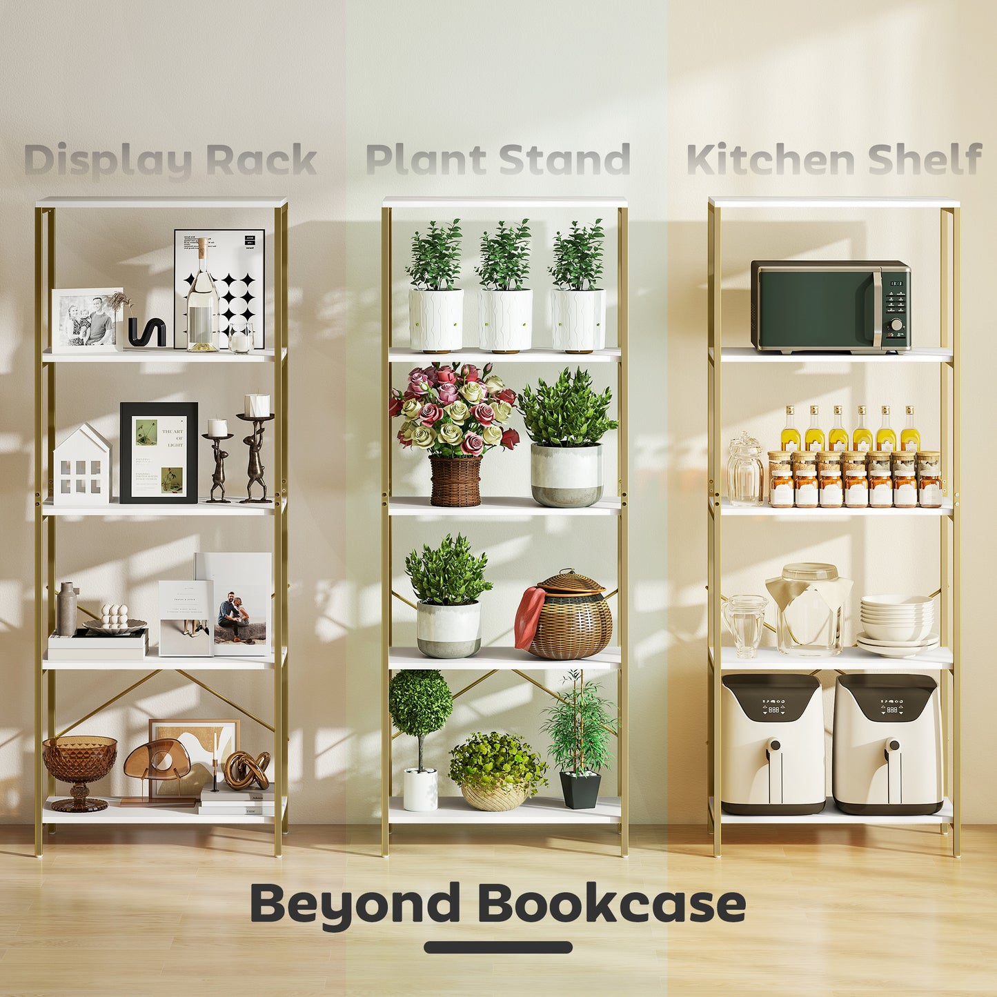 HOMCOM 5-Tier Bookshelf, Modern Bookcase with Metal Frame - White and Gold Tone