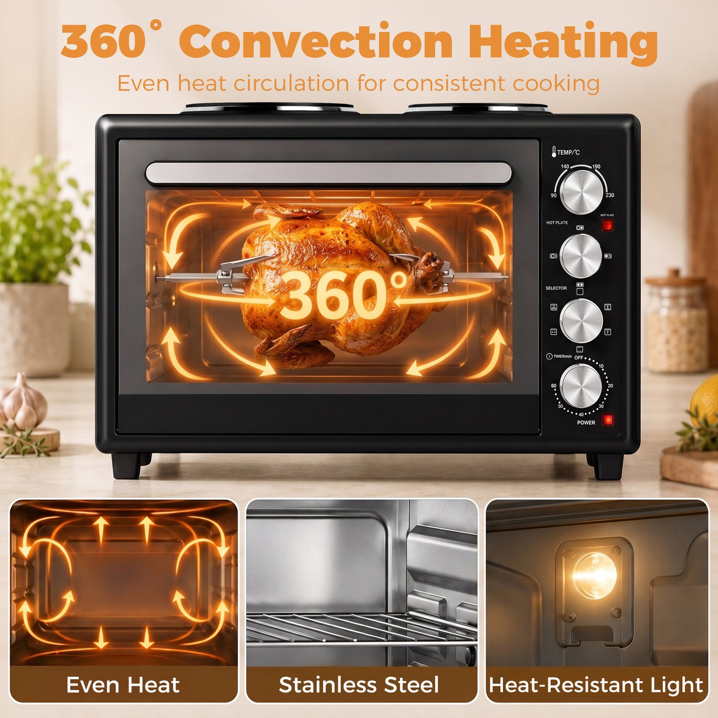 HOMCOM 46L Mini Oven with Dual Hot Plates, Electric Countertop Cooker with Convection, 90–230°C Adjustable Temperature