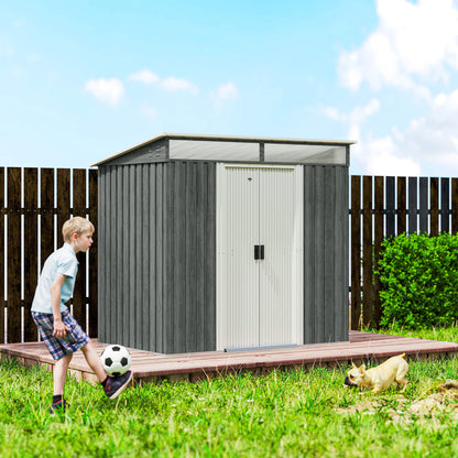 Outsunny 6.5 x 4FT Galvanised Metal Shed with Foundation Kit, Lockable Tool Garden Shed with Double Sliding Doors, Vents, Light Grey Wood Effect
