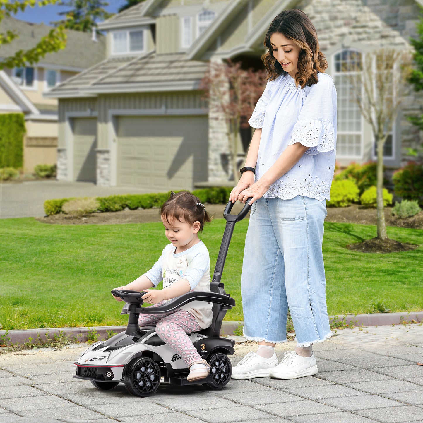 AIYAPLAY Licensed 2 in 1 Baby Ride on Push Car Toddler Push Along Car with Parent Handle Foot To Floor Slider with Horn Steering Wheel NO POWER for 1 - 3 Years, White