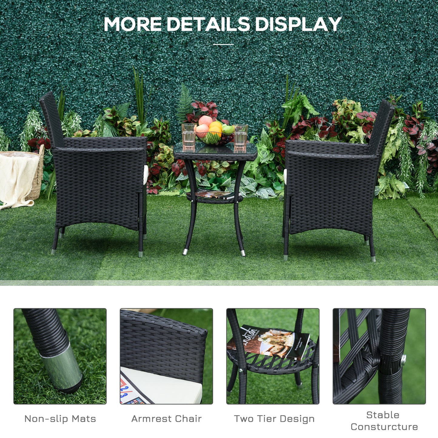 Outsunny 3 Pieces Rattan Bistro Set, Wicker Garden Furniture Set with 2-Tier Coffee Table and Chairs, Cushions, for Outdoor Patio Balcony, Black--ChewyGames-ChewyGames