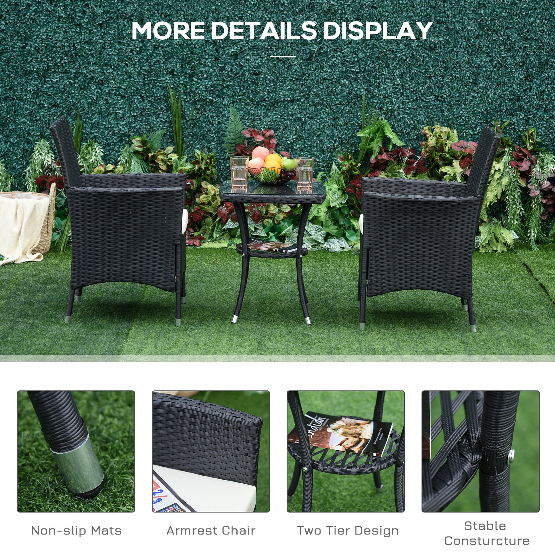 Outsunny 3 Pieces Rattan Bistro Set, Wicker Garden Furniture Set with 2-Tier Coffee Table and Chairs, Cushions, for Outdoor Patio Balcony, Black--ChewyGames-ChewyGames