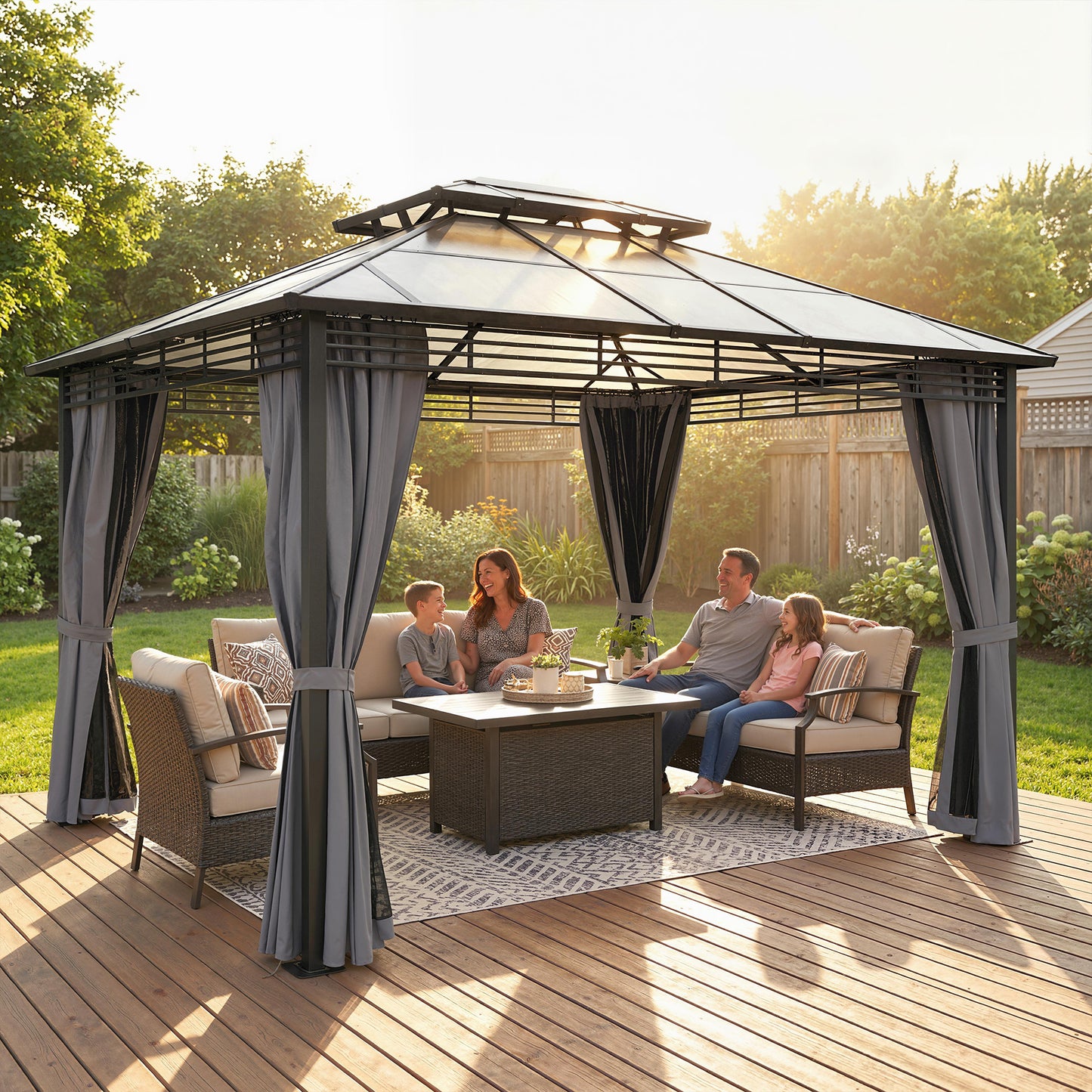 Outsunny 3 x 3.6 m Outdoor Hardtop Gazebo Canopy with 2-Tier Roof, Permanent Pavilion Garden Metal Gazebo with Sides, Dark Grey
