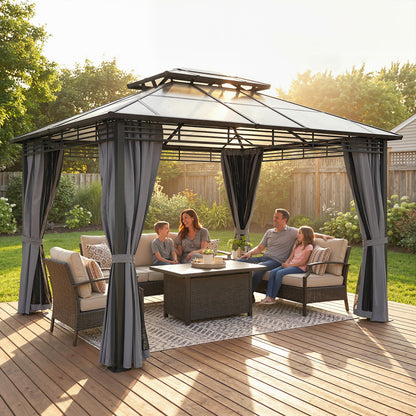 Outsunny 3 x 3.6 m Outdoor Hardtop Gazebo Canopy with 2-Tier Roof, Permanent Pavilion Garden Metal Gazebo with Sides, Dark Grey
