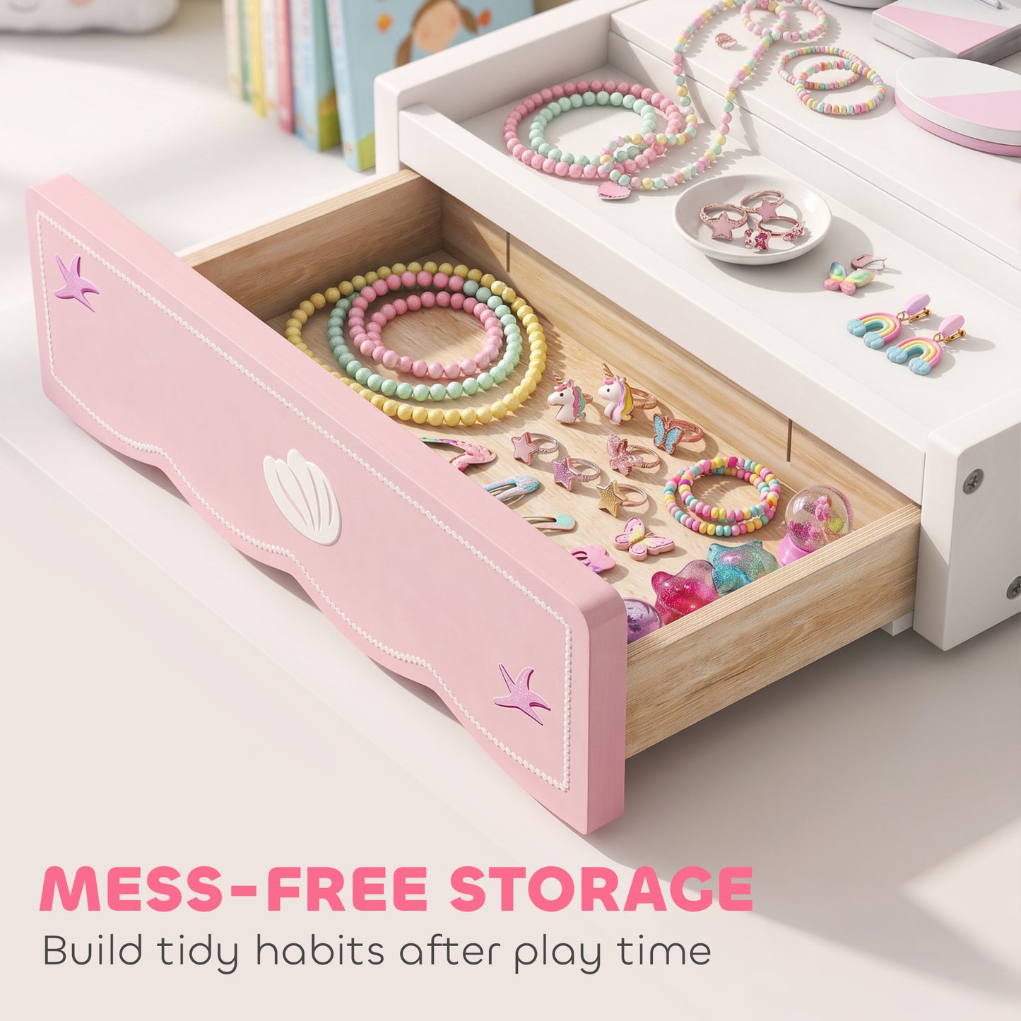 AIYAPLAY Kids Vanity Table, Portable Dressing Table with Lights, Mirror, Drawer, Accessories, Gift for 3-6 Years