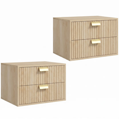 HOMCOM Modern Floating Nightstands Set of 2, Wall Mounted Bedside Tables with 2 Drawers, Oak