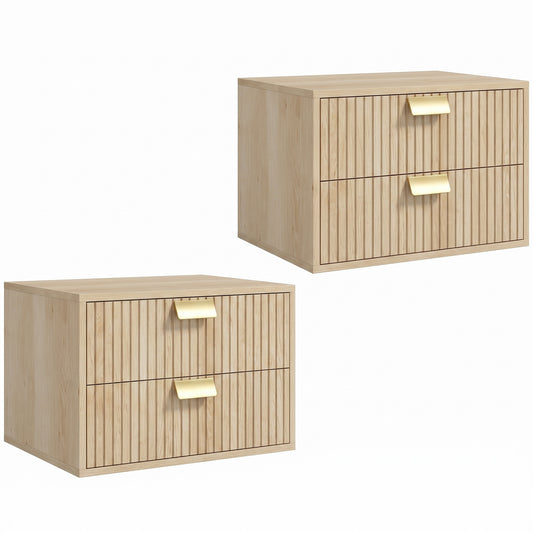 HOMCOM Modern Floating Nightstands Set of 2, Wall Mounted Bedside Tables with 2 Drawers, Oak