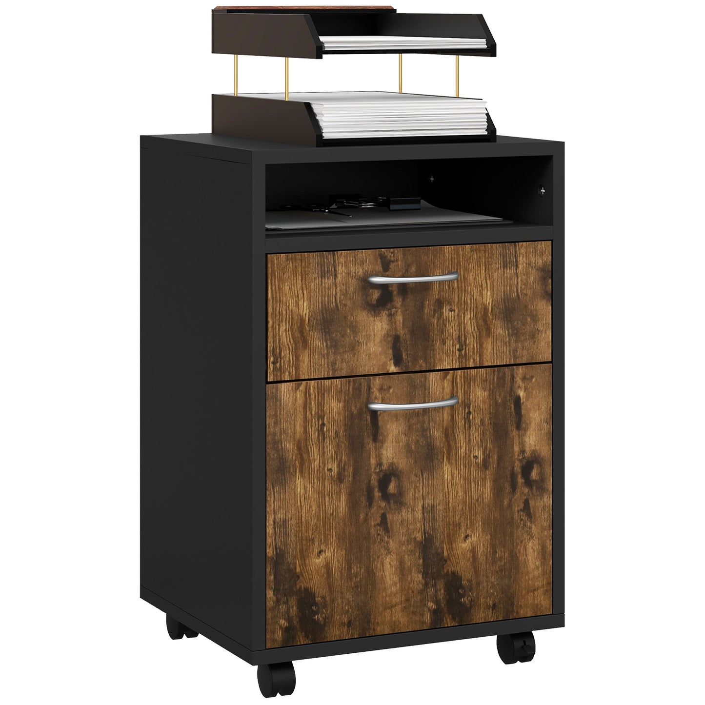 HOMCOM Filing Cabinet, Mobile File Cabinet with 2 Lockable Drawers, Office Home Organiser on Wheels for A4, Letter-Size File Folders, Mobile Printer with Open Shelf, Rustic Brown