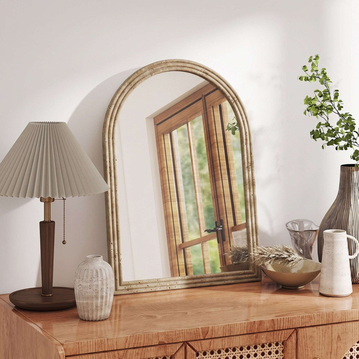 HOMCOM Modern Wall-Mounted Mirror, Arched Wall Mirror with Grooved Edge for Living Room, Entryway, Hallway, Brown