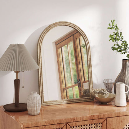 HOMCOM Modern Wall-Mounted Mirror, Arched Wall Mirror with Grooved Edge for Living Room, Entryway, Hallway, Brown