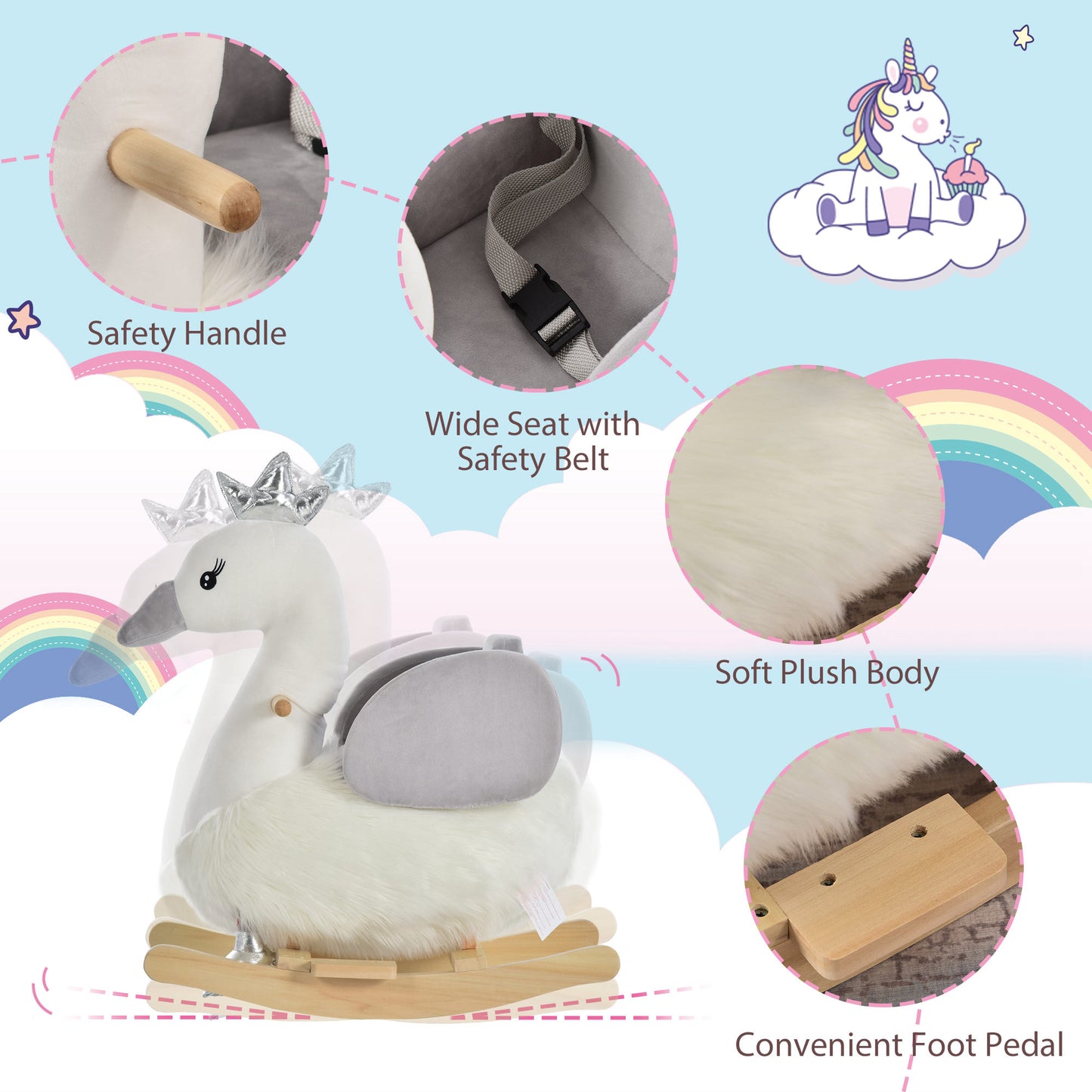 HOMCOM Kids Rocking Horse, Children Plush Ride On Swan Animal Rocker w/ Sound, Wood Base Seat, Seat Belt, Baby Toy Rocker for Toddler 18 - 36 Months, White and Grey