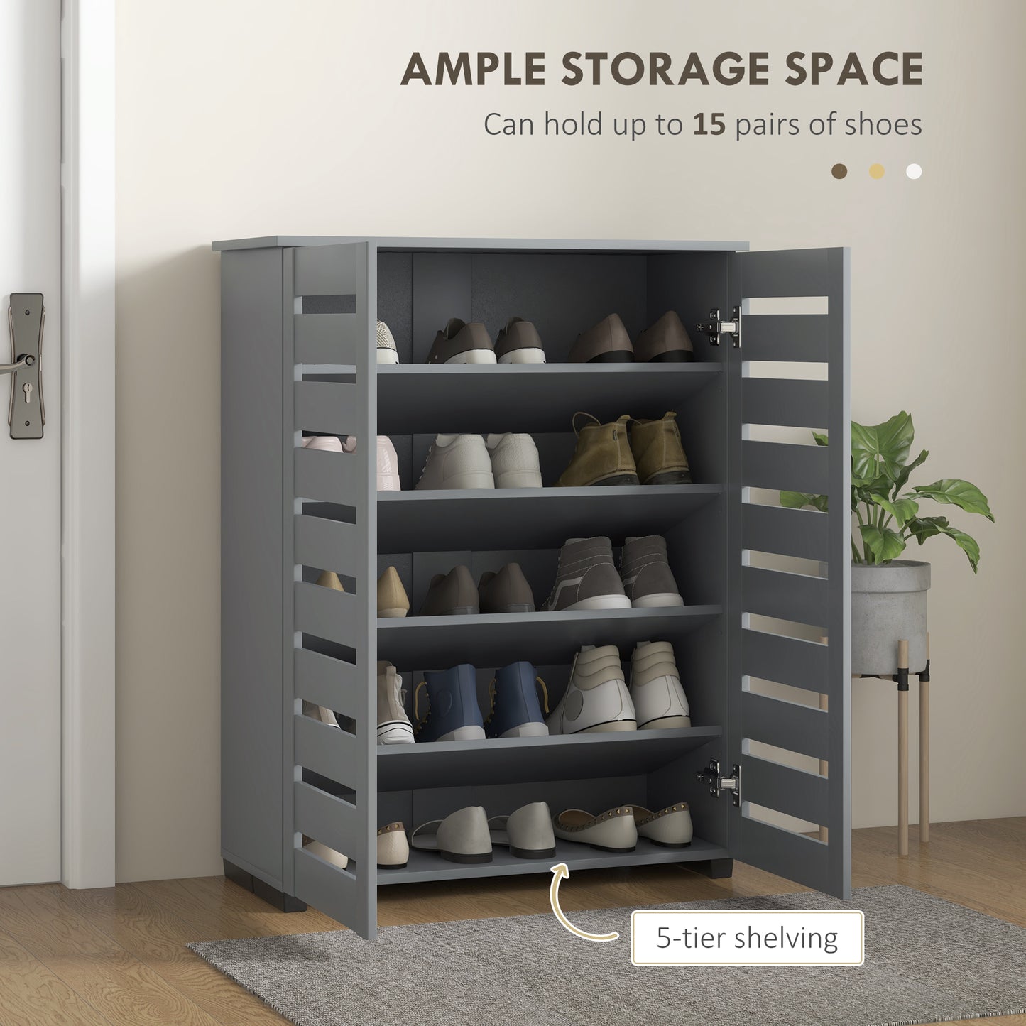 HOMCOM Narrow Shoe Cabinet for Entryway, 5-Tier Slim Shoe Storage Cabinet with 2 Slatted Doors and Adjustable Shelves Grey
