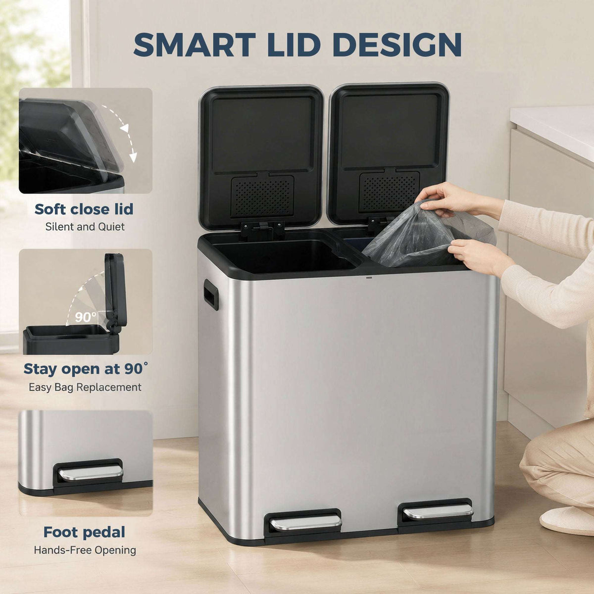 HOMCOM 2 x 20L Double Kitchen Bin, Stainless Steel Pedal Rubbish Bin with Dual Compartments, Soft Close Lids, Silver Tone