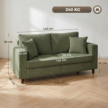 HOMCOM Loveseat Sofa with Wide Seat, Corduroy 2 Seater Couch with Deep Seat, Spring Cushion, Green