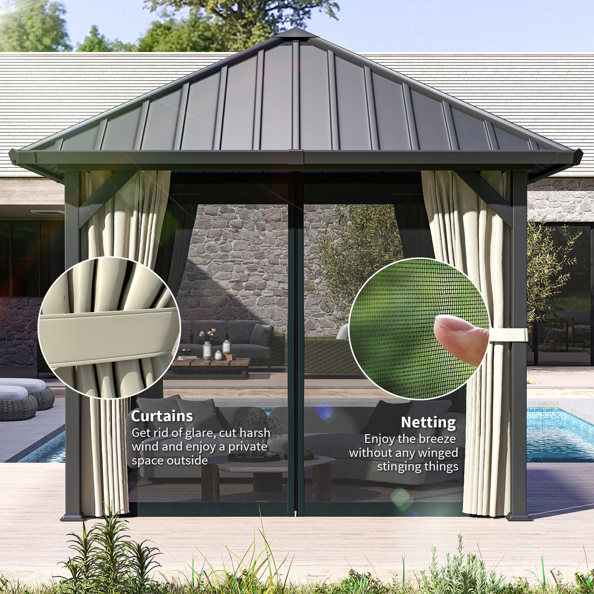Outsunny 3 x 3(m) Hardtop Gazebo with Galvanised Steel Roof and Water Gutter, Waterproof Permanent Pavilion Garden Gazebo with Netting and Curtains for Patio, Deck, Black
