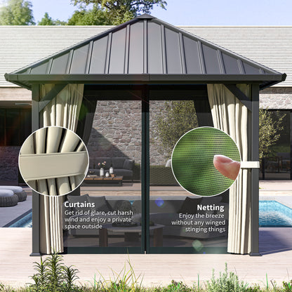Outsunny 3 x 3(m) Hardtop Gazebo with Galvanised Steel Roof and Water Gutter, Waterproof Permanent Pavilion Garden Gazebo with Netting and Curtains for Patio, Deck, Black