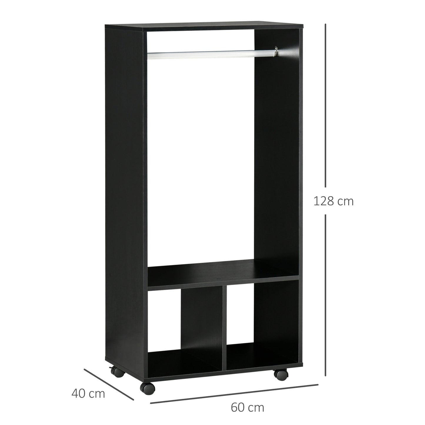 HOMCOM Open Wardrobe on Wheels, Bedroom Wardrobe with Clothes Hanging Rail, 2 Storage Shelves, Mobile Garment Rack for Cloakroom, Hallway, Black