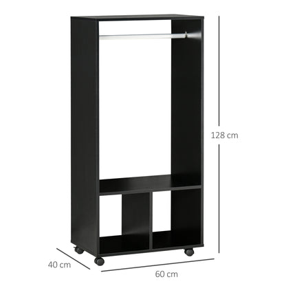 HOMCOM Open Wardrobe on Wheels, Bedroom Wardrobe with Clothes Hanging Rail, 2 Storage Shelves, Mobile Garment Rack for Cloakroom, Hallway, Black