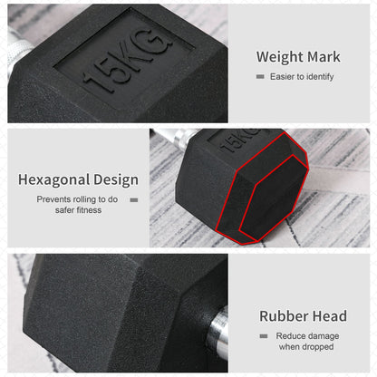 HOMCOM 15KG Single Rubber Hex Dumbbell Portable Hand Weights Dumbbell Home Gym