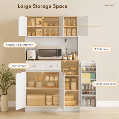 HOMCOM 173 cm Tall Kitchen Cupboard with Charging Station, Pantry Storage Cabinet with Adjustable Shelves and 4 Door Racks