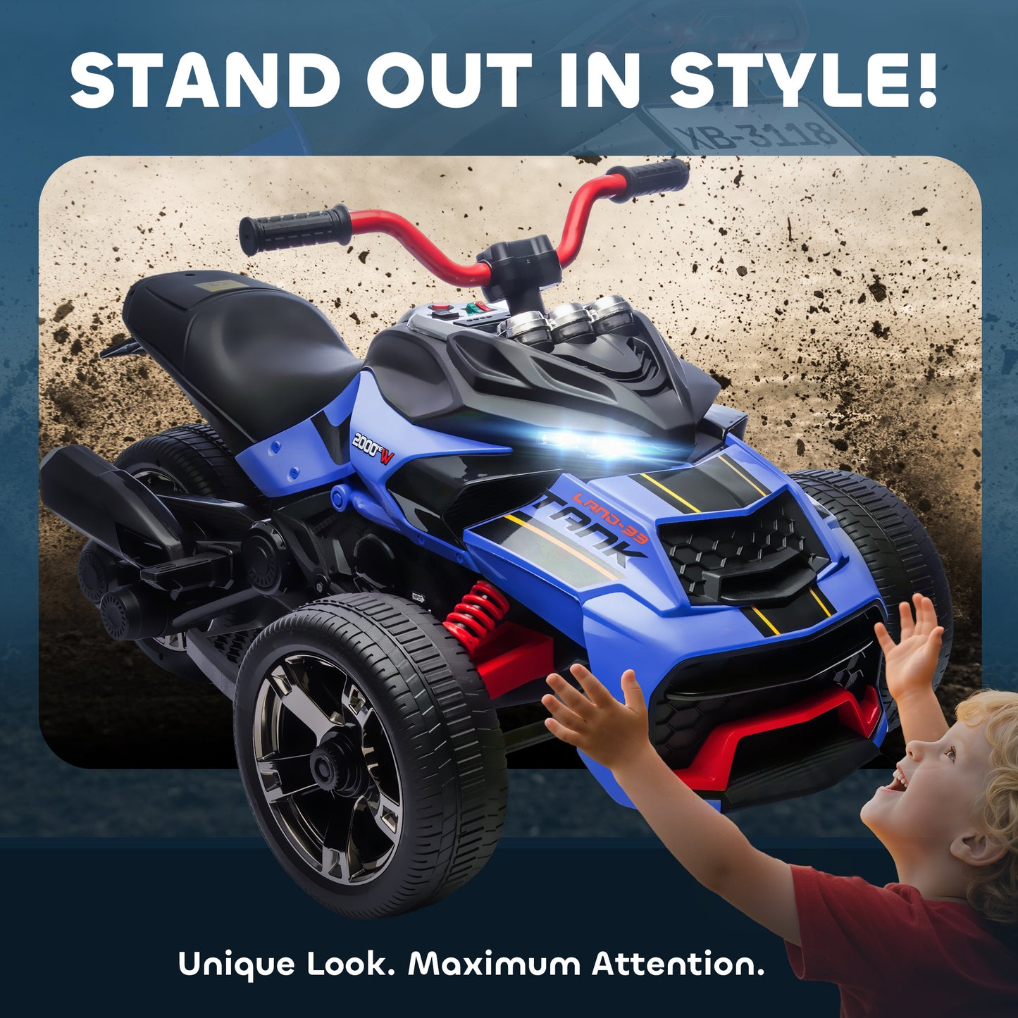 AIYAPLAY 12V Kids Electric Ride On Car with 3 Wheeler, MP3 Player, Horn, 2 Speeds, LED Lights for Boys & Girls Ages 3-8, Blue