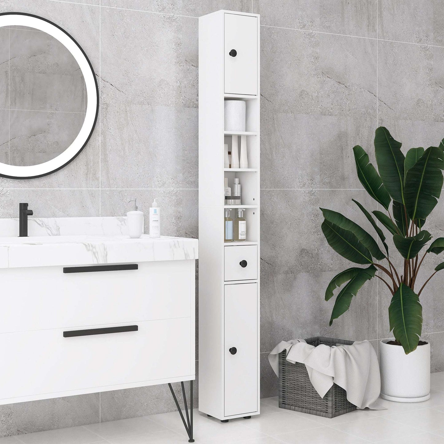 kleankin 180cm Slim Bathroom Cabinet with 9-layered Independent Storage for Family-friendly Storage  - White