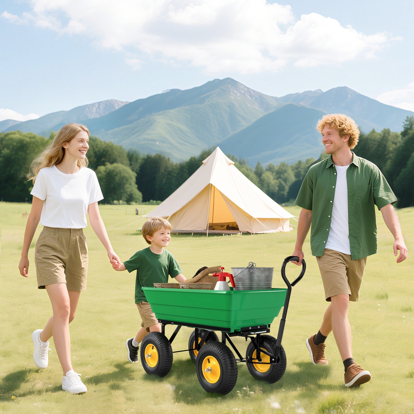 Outsunny 75 Litre Large Garden Cart, Tipping Wheelbarrows Heavy Duty Garden Dump Trolley 200kg Capacity for Festivals, Tools, Plants, Logs - Green