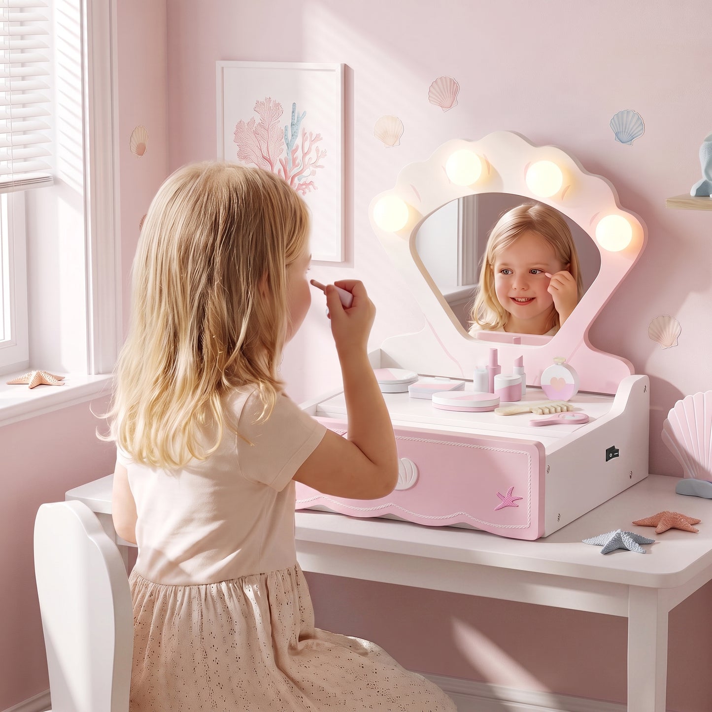 AIYAPLAY Kids Vanity Table, Portable Dressing Table with Lights, Mirror, Drawer, Accessories, Gift for 3-6 Years