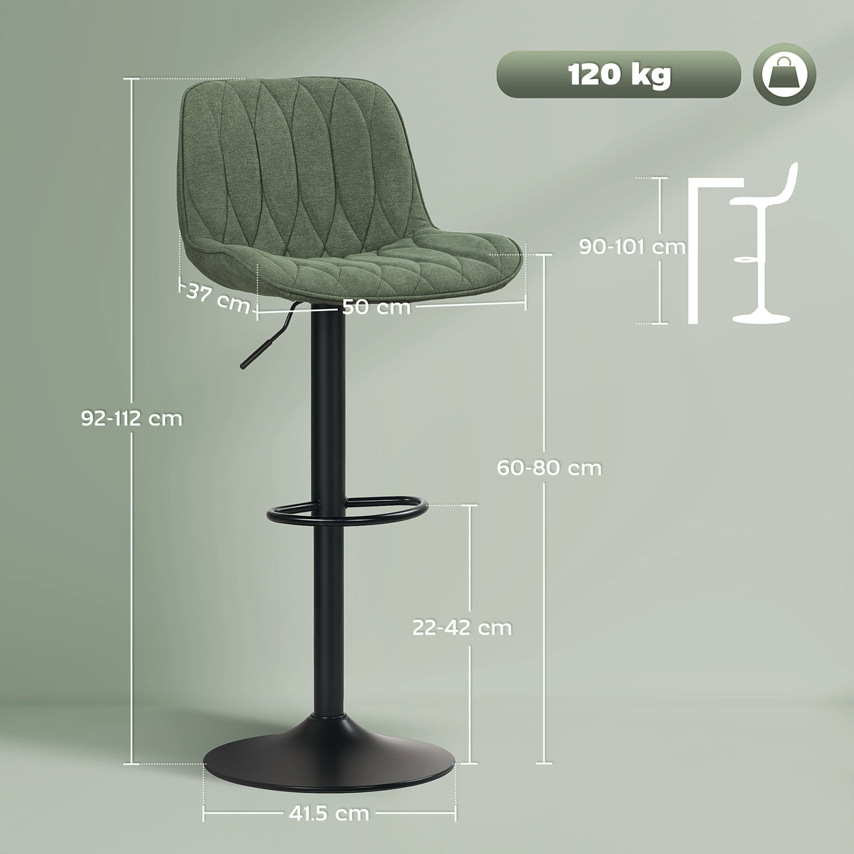 HOMCOM Breakfast Bar Stools Set of 2 Linen upholstery 60-80cm Adjustable Height - Green