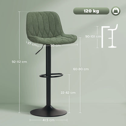 HOMCOM Breakfast Bar Stools Set of 2 Linen upholstery 60-80cm Adjustable Height - Green