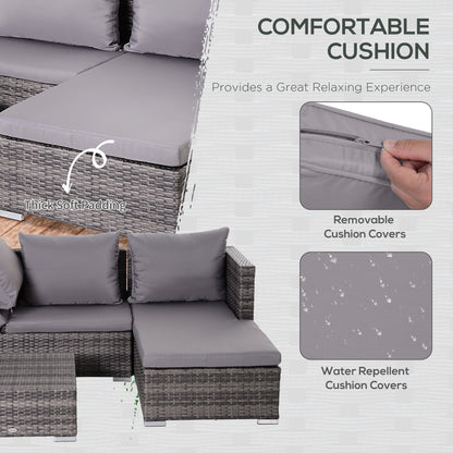 Outsunny 3PC Rattan Garden Furniture Storage Sofa Set, 4 Seater Wicker Coffee Table Conservatory Sun Lounger Reclining Set with Cushion, Grey